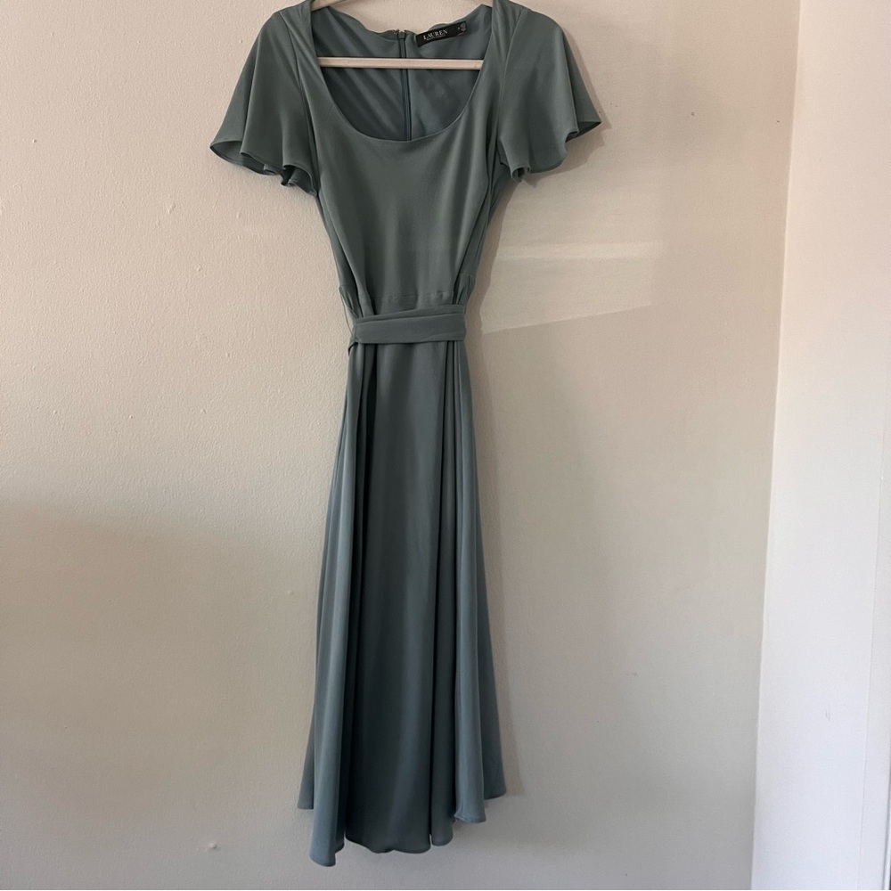 Lauren Ralph Lauren Blue Flutter Sleeve Belted Long A-Line Dress Size 2